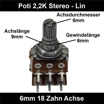 2,2k Ohm Poti Stereo lin Potentiometer 6mm Achslänge 9mm Drehpotentiometer Regler