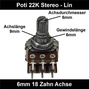 22k Ohm Poti Stereo lin Potentiometer 6mm Achslänge 9mm Drehpotentiometer Regler