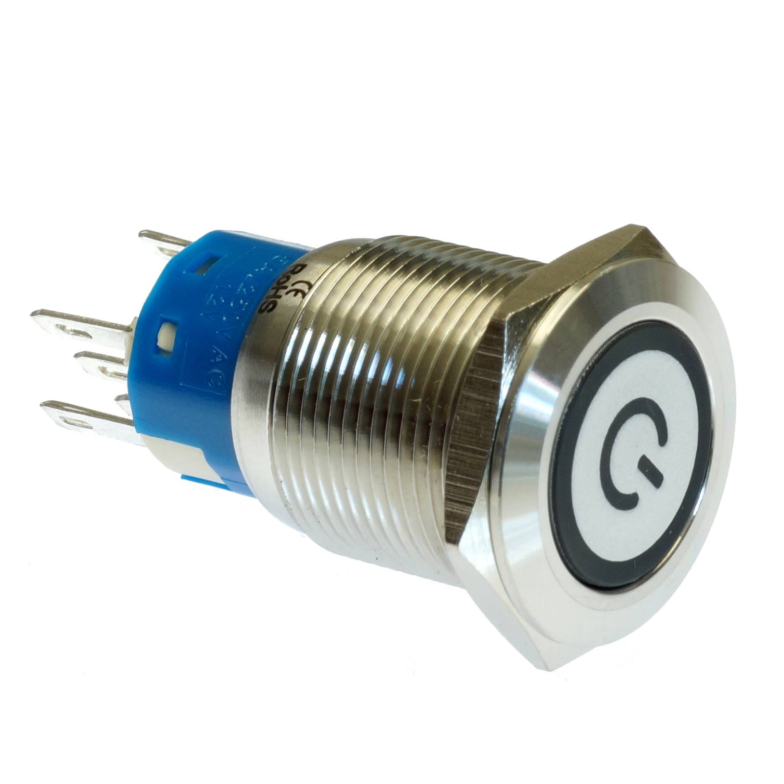Vollmetalltaster mit Lichtsymbol, LED Beleuchtung weiss, 12V, 19mm