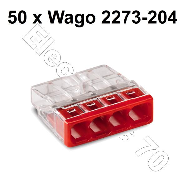 50 Stück 4fach Wago 2273-204 Compact Steckklemme rot für 4x 0,5-2,5mm²  Kabelquerschnitt