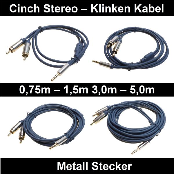 Klinke auf 2x Cinch Verbindungskabel 3,5mm Stereo 0,75m bis 5,0m