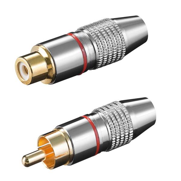 Metall Cinch Stecker + Kupplung Set solide Ausführung für Kabel bis 6,4mm Markierung Rot