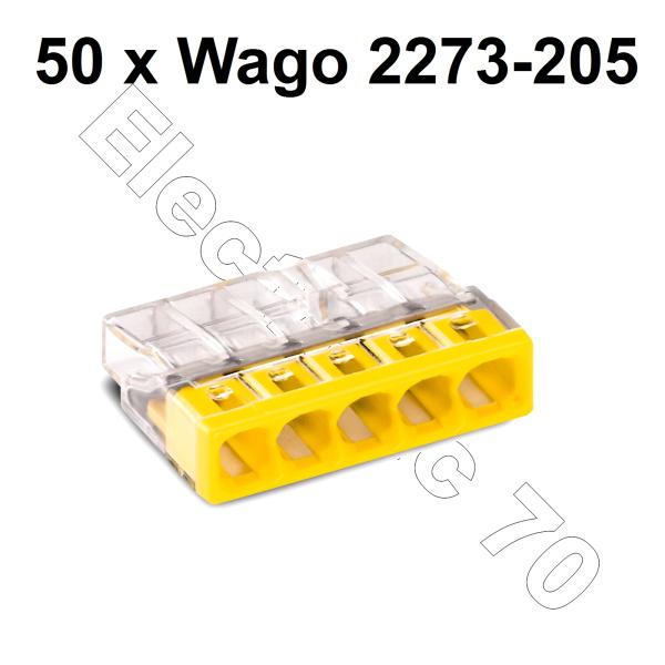 50 Stück 5fach Wago 2273-205 Compact Steckklemme gelb für 5x 0,5-2,5mm²  Kabelquerschnitt